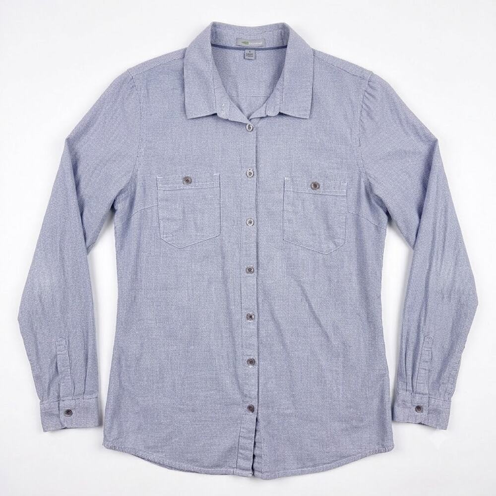 Horny Toad & Co Dobby Cinch Button Back Shirt Blue Organic Cotton Womens Small